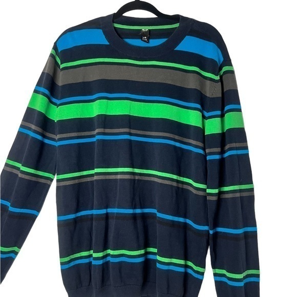 Oakley Slim Fit Mens‎ Sweater Large Black Blue Grey & Green Striped Knit Cotton - Picture 3 of 5